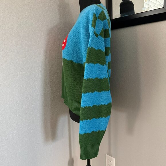ZARA Mushroom Toadstool Blue Green Striped Check Quirky Indie Sweater Medium - Picture 9 of 15